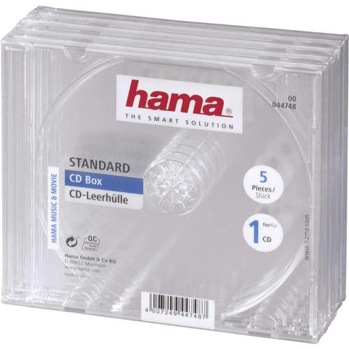 Ein Stapel von fünf transparenten CD-Leerhüllen der Marke 'Hama' für jeweils eine CD, geeignet zur CD-Aufbewahrung.